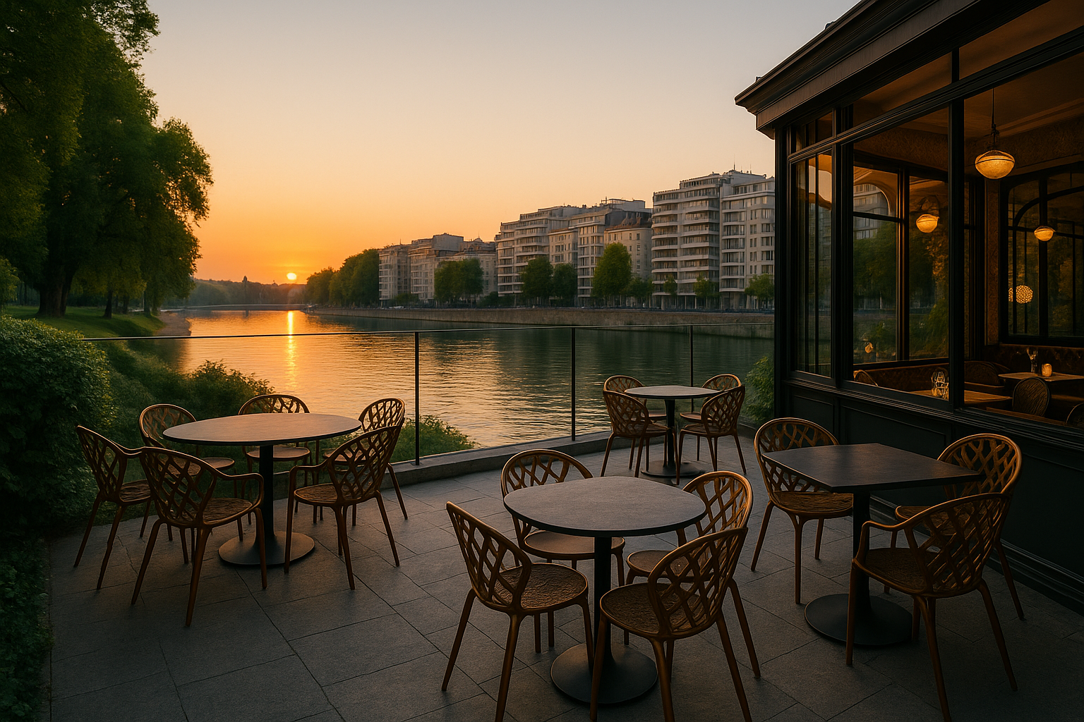 Terrasse Bovaria au coucher du soleil avec vue sur la Meuse